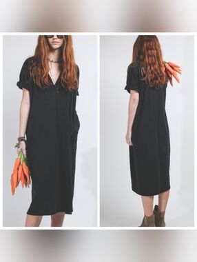 Raquel Allegra Henley Cotton Midi Dress Size 1/S Minimalist Elevated Basic